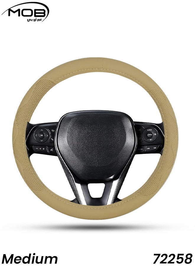 MOB Genuine Leather Steering Wheel Cover Beige – Medium Size, Anti-Slip Grip, Universal Fit for Cars, SUVs & Jeeps, Four-Season Protection, Soft Padded Interior, Durable Stitching, Model - 72258 - Image 1