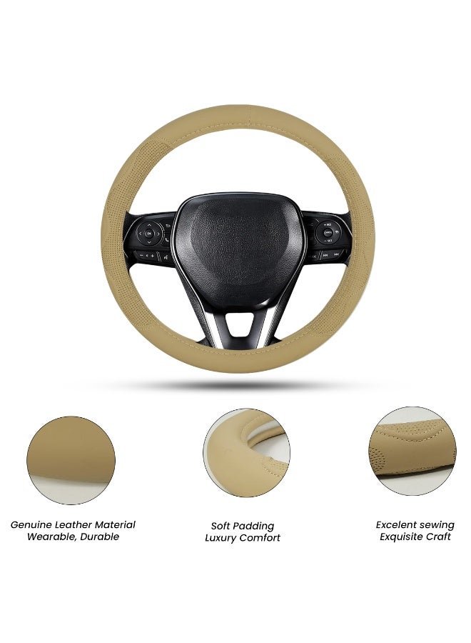 MOB Genuine Leather Steering Wheel Cover Beige – Medium Size, Anti-Slip Grip, Universal Fit for Cars, SUVs & Jeeps, Four-Season Protection, Soft Padded Interior, Durable Stitching, Model - 72258 - Image 2