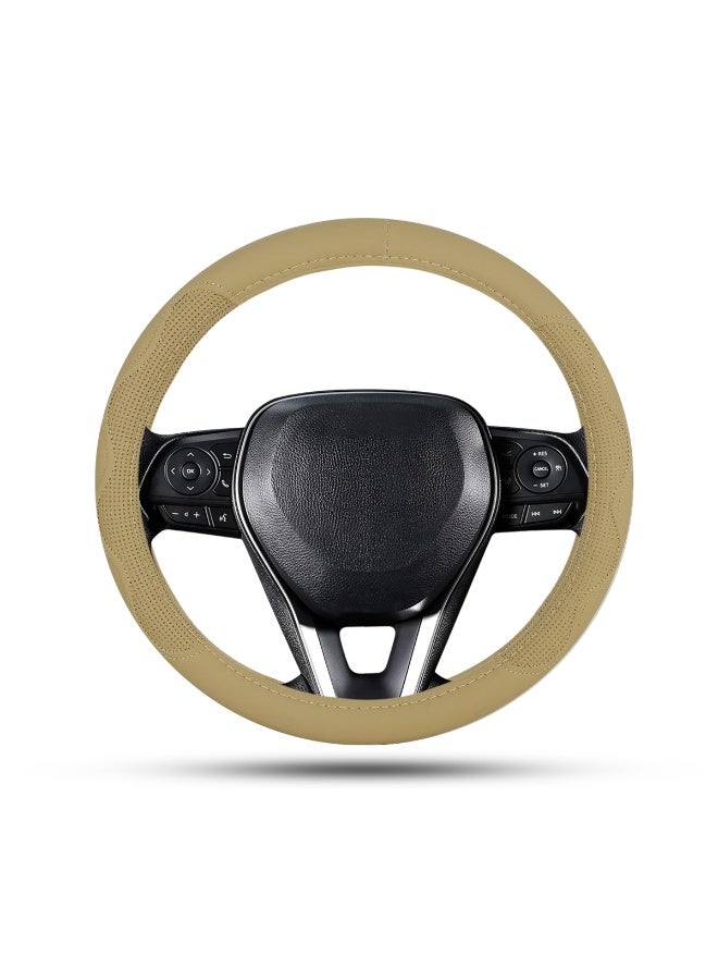 MOB Genuine Leather Steering Wheel Cover Beige – Medium Size, Anti-Slip Grip, Universal Fit for Cars, SUVs & Jeeps, Four-Season Protection, Soft Padded Interior, Durable Stitching, Model - 72258 - Image 4