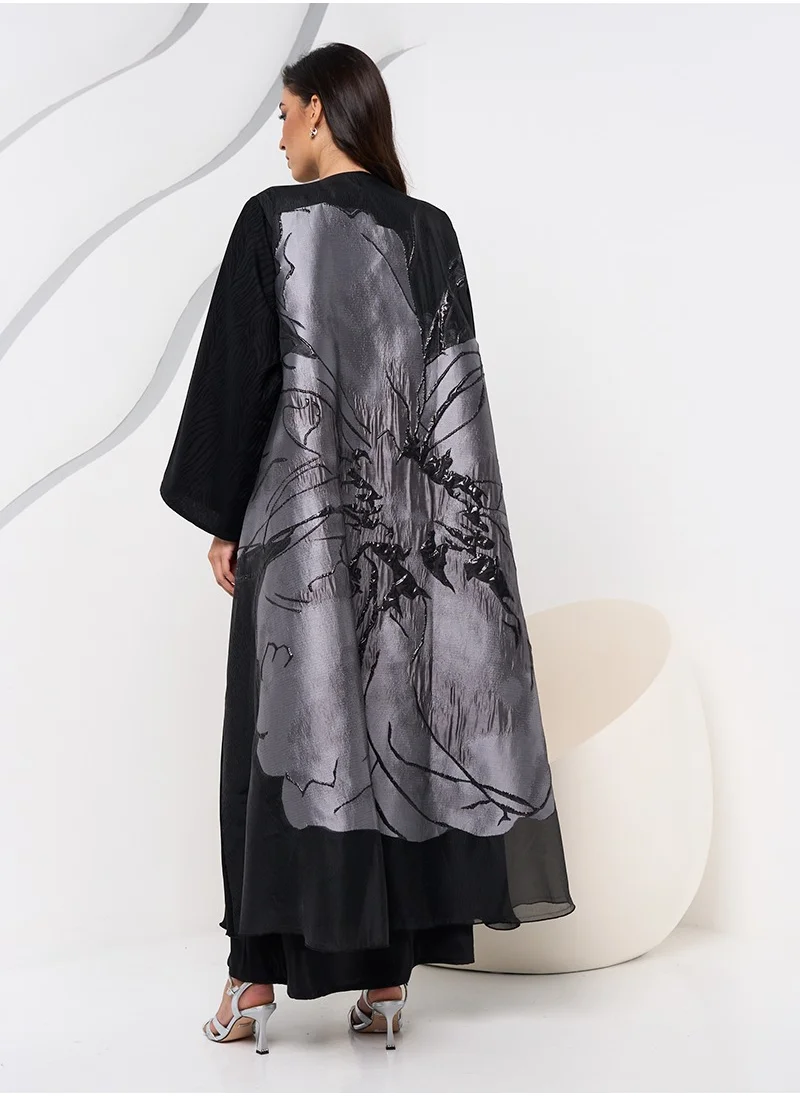 كوتور لابس Black Jacquard Back Abaya with Sheila