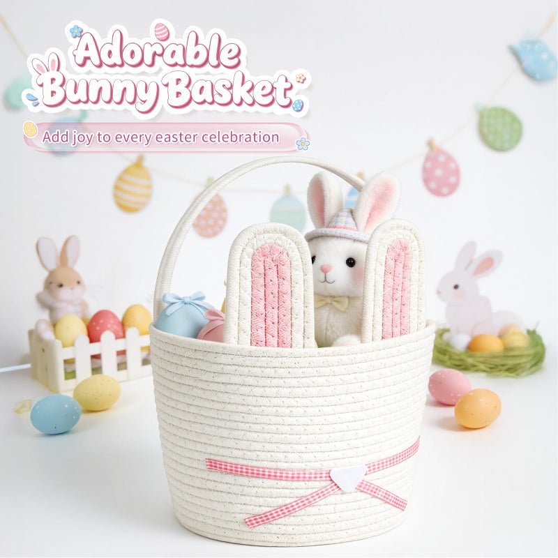HAIMST Easter Basket, Woven Easter Bunny Basket with Handle, Empty Gift Baskets Easter Egg Hunt Basket, First Easter Basket Easter Bucket with Detachable Ears for Girls Boys Teens (Pink White) - Image 3