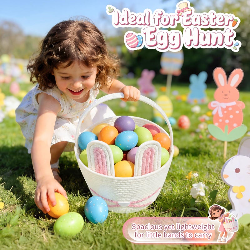 HAIMST Easter Basket, Woven Easter Bunny Basket with Handle, Empty Gift Baskets Easter Egg Hunt Basket, First Easter Basket Easter Bucket with Detachable Ears for Girls Boys Teens (Pink White) - Image 2