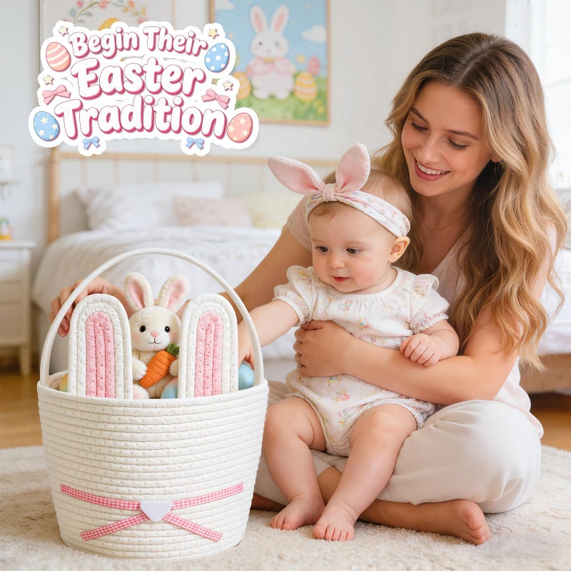 HAIMST Easter Basket, Woven Easter Bunny Basket with Handle, Empty Gift Baskets Easter Egg Hunt Basket, First Easter Basket Easter Bucket with Detachable Ears for Girls Boys Teens (Pink White) - Image 5