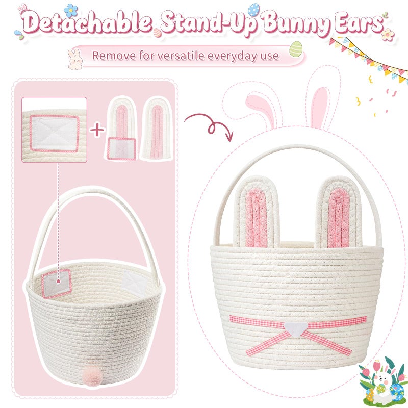 HAIMST Easter Basket, Woven Easter Bunny Basket with Handle, Empty Gift Baskets Easter Egg Hunt Basket, First Easter Basket Easter Bucket with Detachable Ears for Girls Boys Teens (Pink White) - Image 4