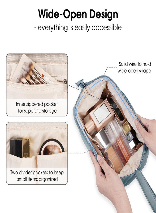 Narwey Wide-open Makeup Bag Women Make up Bag Travel Cosmetic Bag Organizer Toiletry Bag for Cosmetics Toiletries Accessories (Greyish Blue) - Image 2