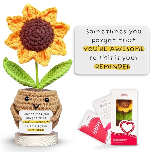 Gossby Inspirational Gift for Women Handmade Positive Sunflower Crochet Sometimes You Forget Youre Awesome Christmas Birthday Appreciation Thank You Gift for Coworker Sister Friend Teacher