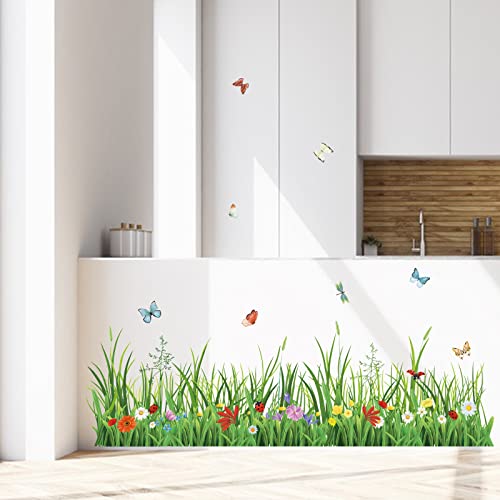 wondever Green Grass Wall Corner Stickers Flowers Butterflies Baseboard Skirting Line Wall Decals for Bedroom Living Room (W:52 inches) - Image 3
