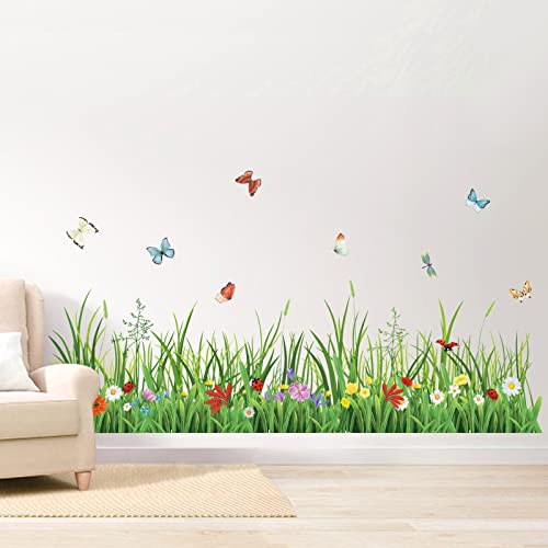 wondever Green Grass Wall Corner Stickers Flowers Butterflies Baseboard Skirting Line Wall Decals for Bedroom Living Room (W:52 inches) - Image 1