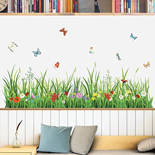 wondever Green Grass Wall Corner Stickers Flowers Butterflies Baseboard Skirting Line Wall Decals for Bedroom Living Room (W:52 inches) - Image 2