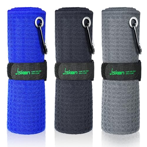 Jiskan Pro Golf Towel for Golf Bags Microfiber 16 X 16 with Hook Loop Fastener and Gift Box Essentials AccessoriesGifts for MenWomen Golfers BlackGreyBlue - Image 1