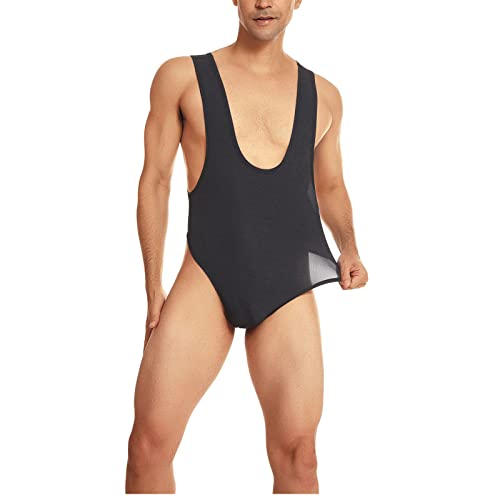ABAFIP Men's Sleeveless High Cut Thong Leotard Bodysuit One Piece Backless Deep U Neck Solid Color Singlet Undershirt Activewear Tanks Black X-Large - Image 1
