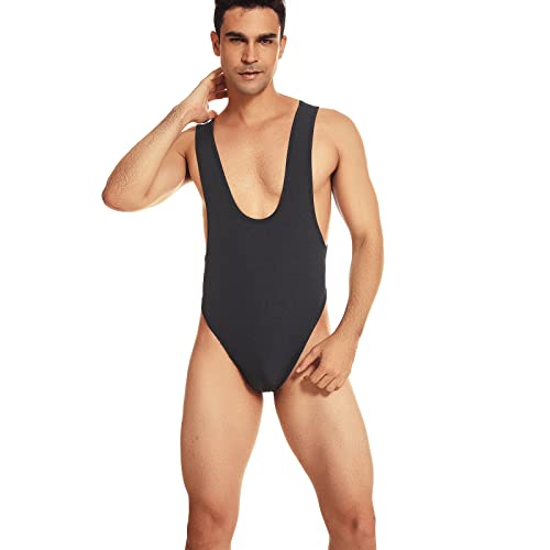 ABAFIP Men's Sleeveless High Cut Thong Leotard Bodysuit One Piece Backless Deep U Neck Solid Color Singlet Undershirt Activewear Tanks Black X-Large - Image 3
