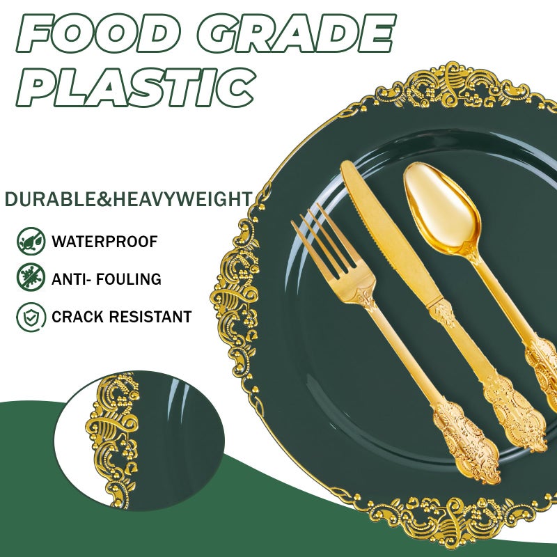Joyido 125PCS Green and Gold Plastic Plates - Fancy Green Disposable Plates - Vintage Plate with Gold Plastic Silverware Set for 25 Guests for Party & Wedding - Image 2