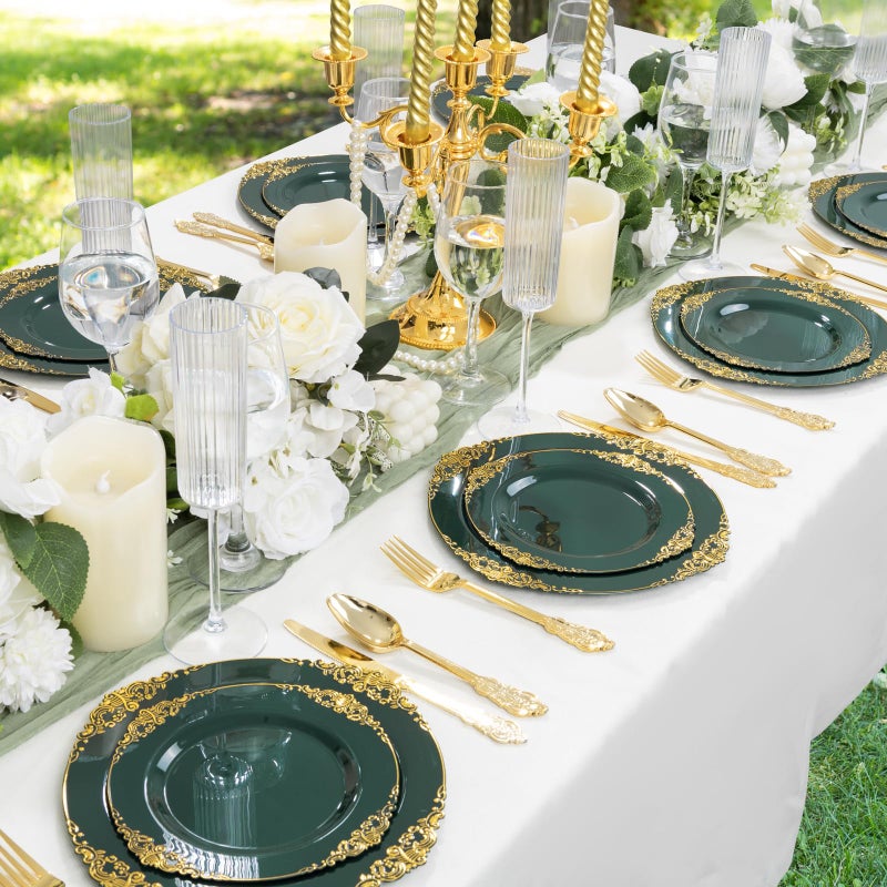 Joyido 125PCS Green and Gold Plastic Plates - Fancy Green Disposable Plates - Vintage Plate with Gold Plastic Silverware Set for 25 Guests for Party & Wedding - Image 4