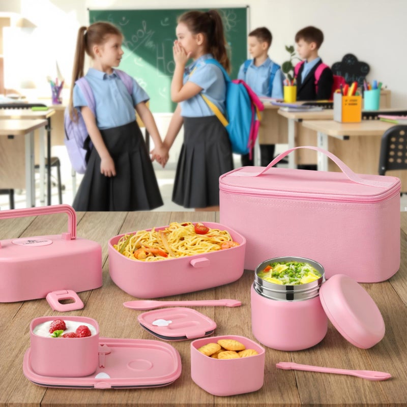 JOOPETALK Bento Lunch Box for Kids with 8oz Soup Thermo,2 Leak-Proof Food Containers, a Lunch Bag, Kids Thermo Insulated Hot Food Jar for School, Travel-Pink - Image 2
