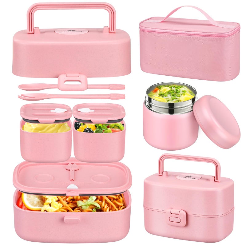 JOOPETALK Bento Lunch Box for Kids with 8oz Soup Thermo,2 Leak-Proof Food Containers, a Lunch Bag, Kids Thermo Insulated Hot Food Jar for School, Travel-Pink - Image 1