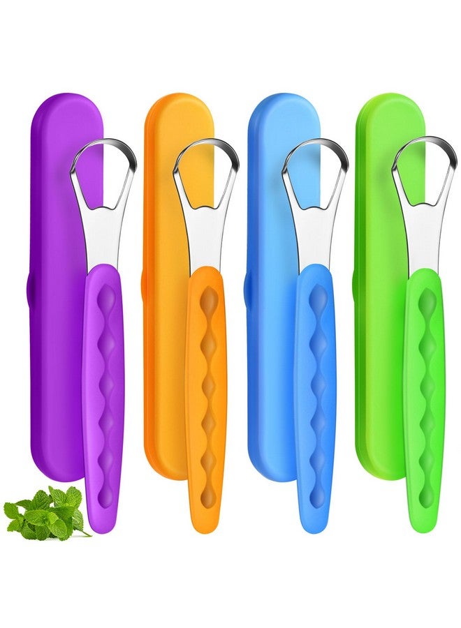 Yinkin 4 Pcs Tongue Scraper Cleaner Adults and Kids Stainless Steel Tongue Brush Metal Scraper Reduce Bad Breath with Travel Cases for Men Women Oral Mouth(Purple, Orange, Blue and Green) - Image 1
