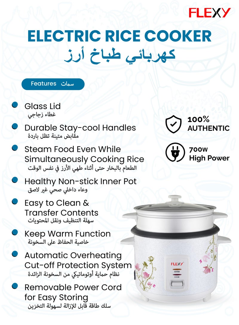Flexy Stainless Steel Electric Rice Cooker 1.8L 700W With Non-Stick Pot Glass Lid Steam And Keep Warm Features Cool Handles - Image 2