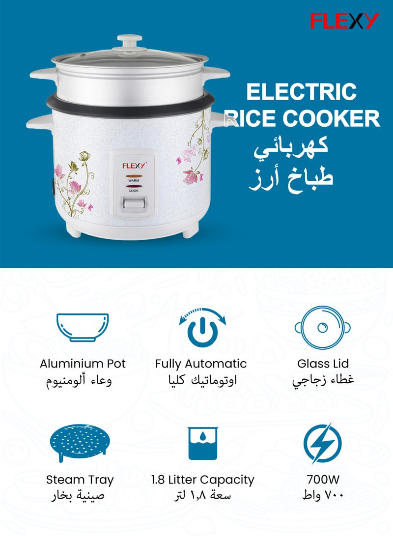 Flexy Stainless Steel Electric Rice Cooker 1.8L 700W With Non-Stick Pot Glass Lid Steam And Keep Warm Features Cool Handles - Image 3