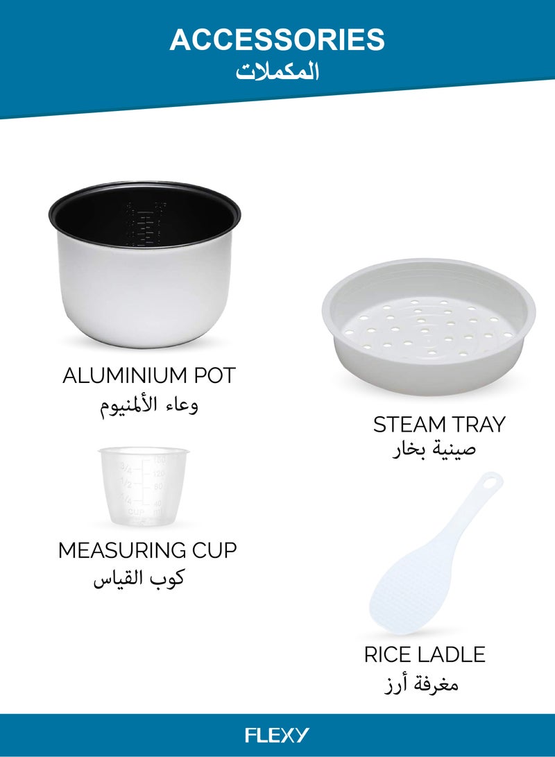 Flexy Stainless Steel Electric Rice Cooker 1.8L 700W With Non-Stick Pot Glass Lid Steam And Keep Warm Features Cool Handles - Image 4