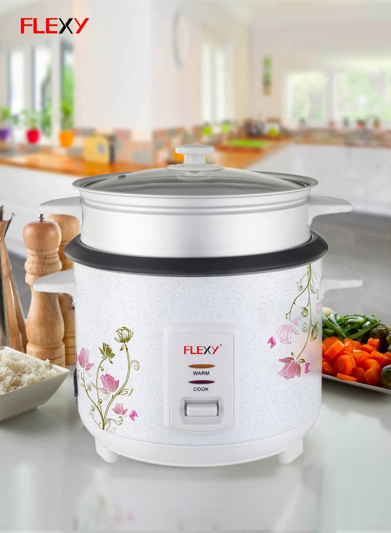 Flexy Stainless Steel Electric Rice Cooker 1.8L 700W With Non-Stick Pot Glass Lid Steam And Keep Warm Features Cool Handles - Image 5