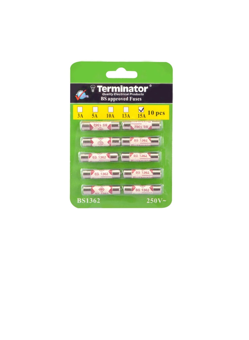 Terminator Porcelain Ceramic Fuse 10 pcs Pkt, 6x25mm Fast Blow Ceramic Fuses (15A Pack of 10pcs)  - Image 1