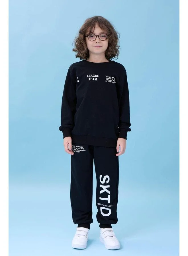Perendi Boy's Bicycle Collar Print Seasonal Top and Bottom Set - Black.