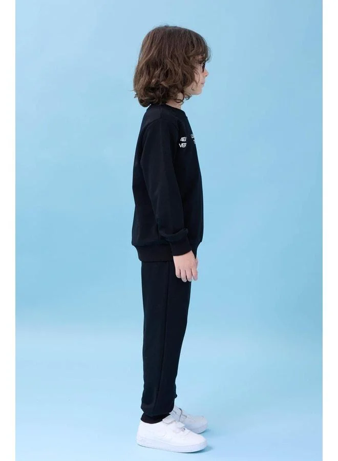Perendi Boy's Bicycle Collar Print Seasonal Top and Bottom Set - Black.
