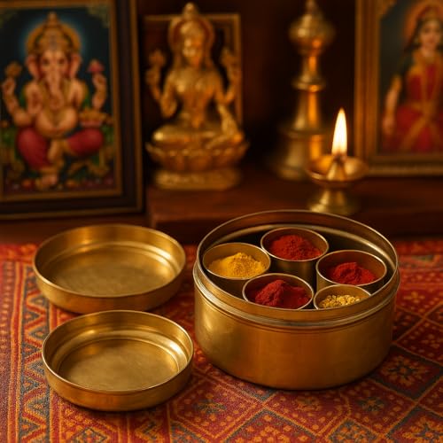 Spillbox Brass containers Pooja | Puja | Roli | Chawal | Chandan | Haldi | Kumkum Puja Box | Sindoor | Turmeric | Dabbi | Dibbi | Dhani | Dani Lid Holder with 5 Containers-5 in 1 Box - Image 2