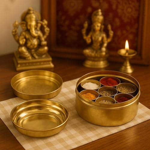 Spillbox Brass containers Pooja | Puja | Roli | Chawal | Chandan | Haldi | Kumkum Puja Box | Sindoor | Turmeric | Dabbi | Dibbi | Dhani | Dani Lid Holder with 5 Containers-5 in 1 Box - Image 4