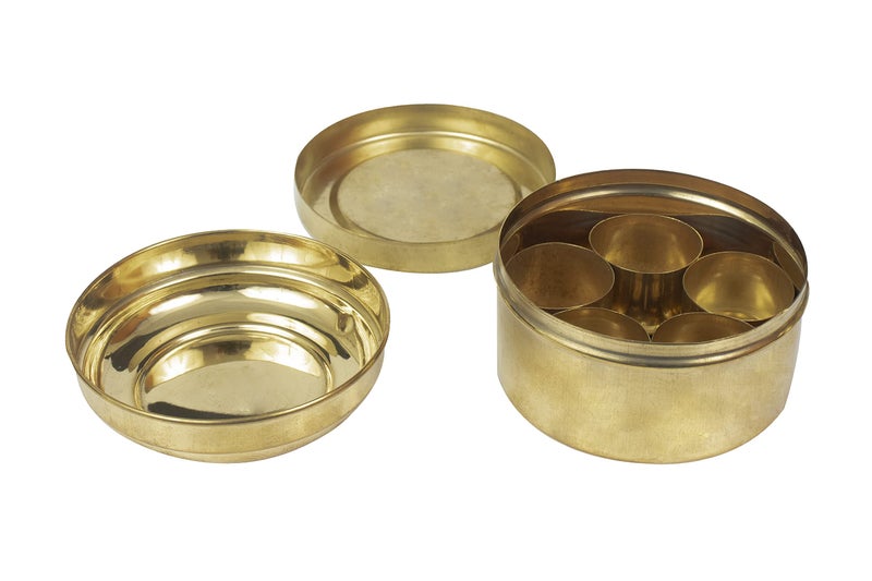 Spillbox Brass containers Pooja | Puja | Roli | Chawal | Chandan | Haldi | Kumkum Puja Box | Sindoor | Turmeric | Dabbi | Dibbi | Dhani | Dani Lid Holder with 5 Containers-5 in 1 Box - Image 1