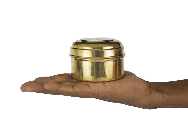Spillbox Brass containers Pooja | Puja | Roli | Chawal | Chandan | Haldi | Kumkum Puja Box | Sindoor | Turmeric | Dabbi | Dibbi | Dhani | Dani Lid Holder with 5 Containers-5 in 1 Box - Image 5