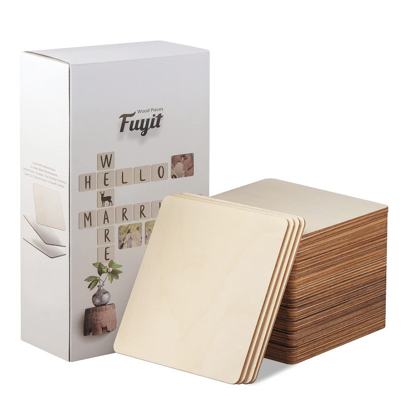 Fuyit Unfinished Wood Pieces 50Pcs 6 x 6 Inch Blank Natural Wood Square Wooden Cutouts Board for DIY Crafts Painting Scrabble Tiles Coasters Decoration