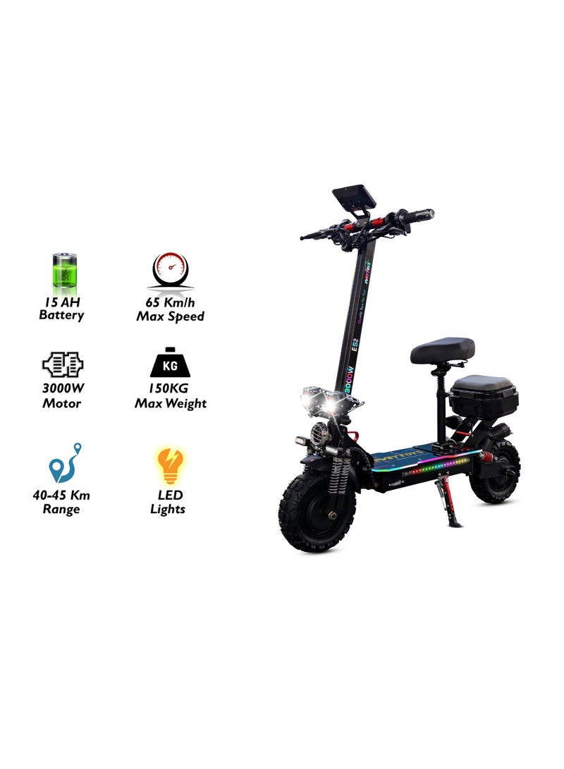 Mytoys High Speed Adult Electric Scooter With 3000W Dual Brushless Motor up to 65km/H Speed, 45 Km Range, 48V15Ah Battery, LED Screen Display, Foldable, Dual Front and Rear Shock Absorber With Bluetooth Speaker, 11" Off Road Tires LED Lights, Turn Signals, Rear Storage Box With LED Lights and Colorful LED light standing Deck â€“ MT400 - Image 1