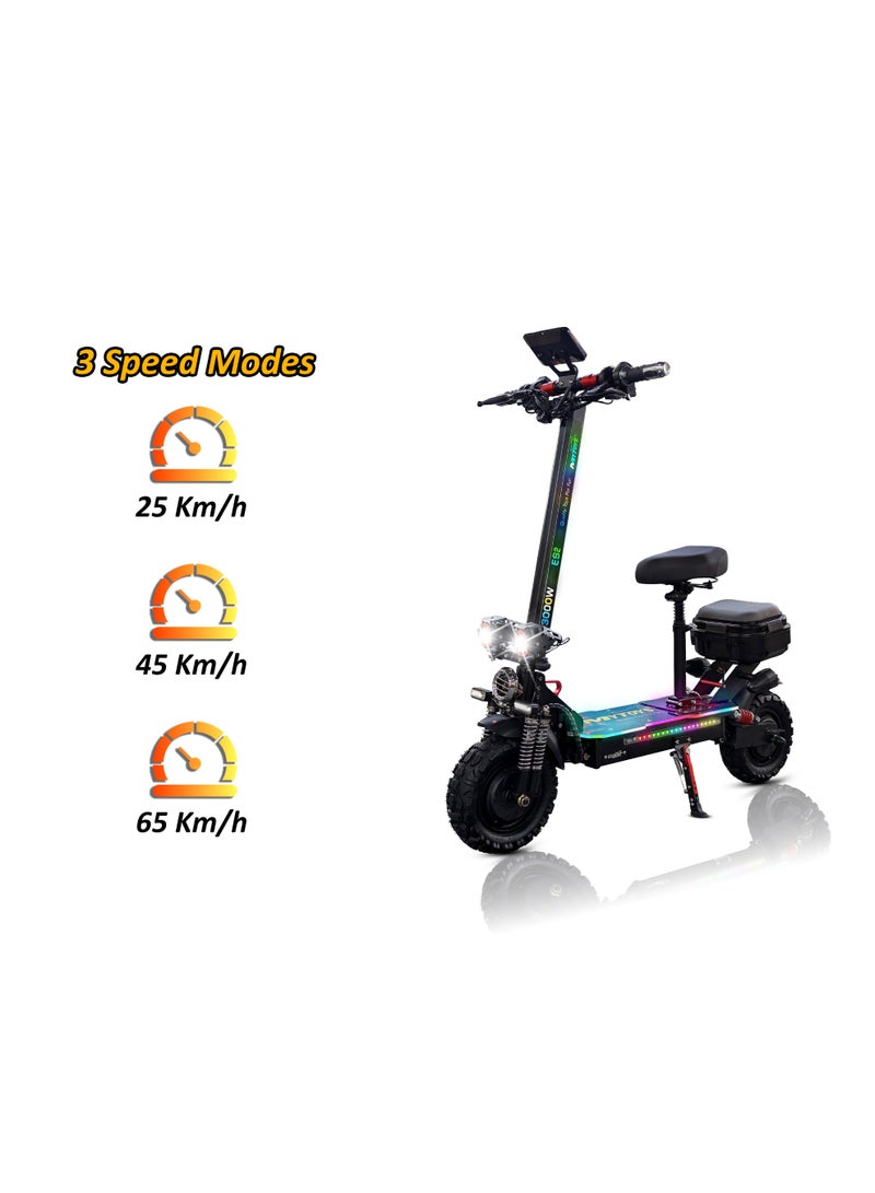 Mytoys High Speed Adult Electric Scooter With 3000W Dual Brushless Motor up to 65km/H Speed, 45 Km Range, 48V15Ah Battery, LED Screen Display, Foldable, Dual Front and Rear Shock Absorber With Bluetooth Speaker, 11" Off Road Tires LED Lights, Turn Signals, Rear Storage Box With LED Lights and Colorful LED light standing Deck â€“ MT400 - Image 2