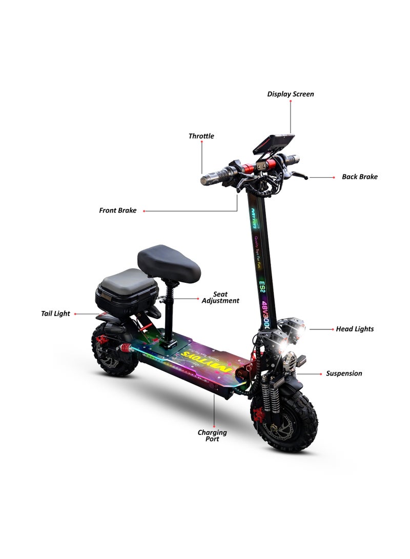 Mytoys High Speed Adult Electric Scooter With 3000W Dual Brushless Motor up to 65km/H Speed, 45 Km Range, 48V15Ah Battery, LED Screen Display, Foldable, Dual Front and Rear Shock Absorber With Bluetooth Speaker, 11" Off Road Tires LED Lights, Turn Signals, Rear Storage Box With LED Lights and Colorful LED light standing Deck â€“ MT400 - Image 3