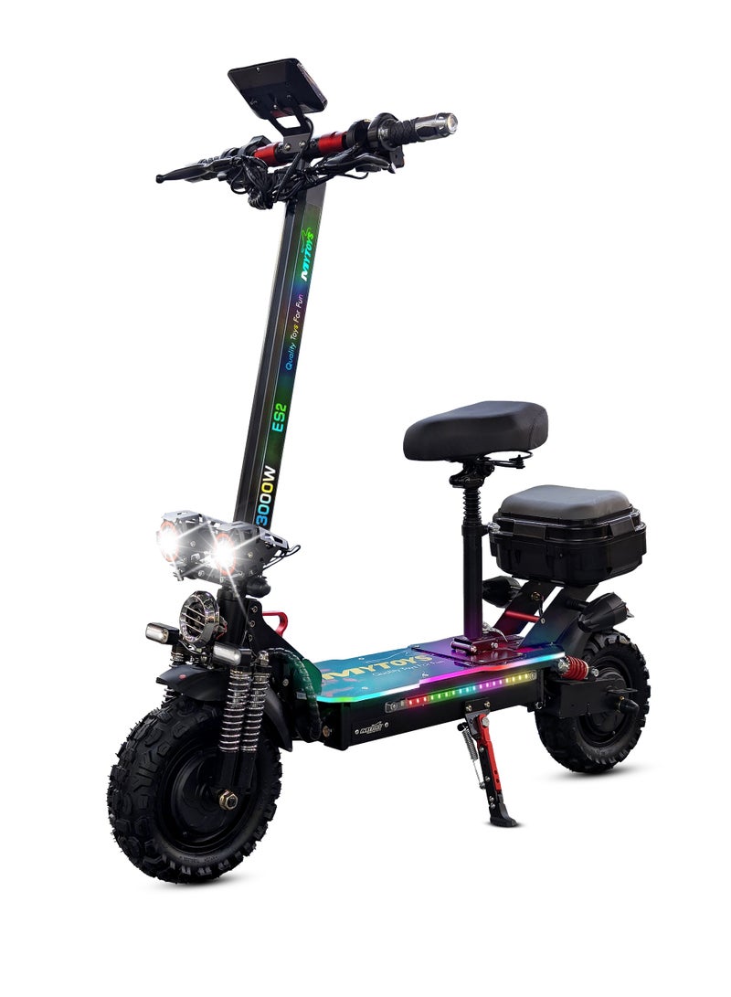 Mytoys High Speed Adult Electric Scooter With 3000W Dual Brushless Motor up to 65km/H Speed, 45 Km Range, 48V15Ah Battery, LED Screen Display, Foldable, Dual Front and Rear Shock Absorber With Bluetooth Speaker, 11" Off Road Tires LED Lights, Turn Signals, Rear Storage Box With LED Lights and Colorful LED light standing Deck â€“ MT400 - Image 4