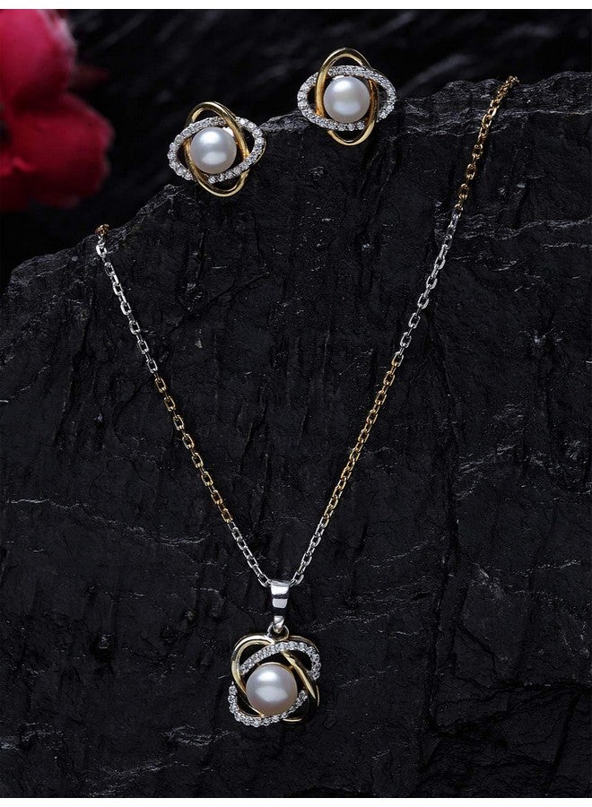 CLARA 925 Sterling Silver Real Pearl Knot Pendant Earring Chain Jewellery Set | Gold Rhodium Plated | Gift for Women & Girls - Image 2