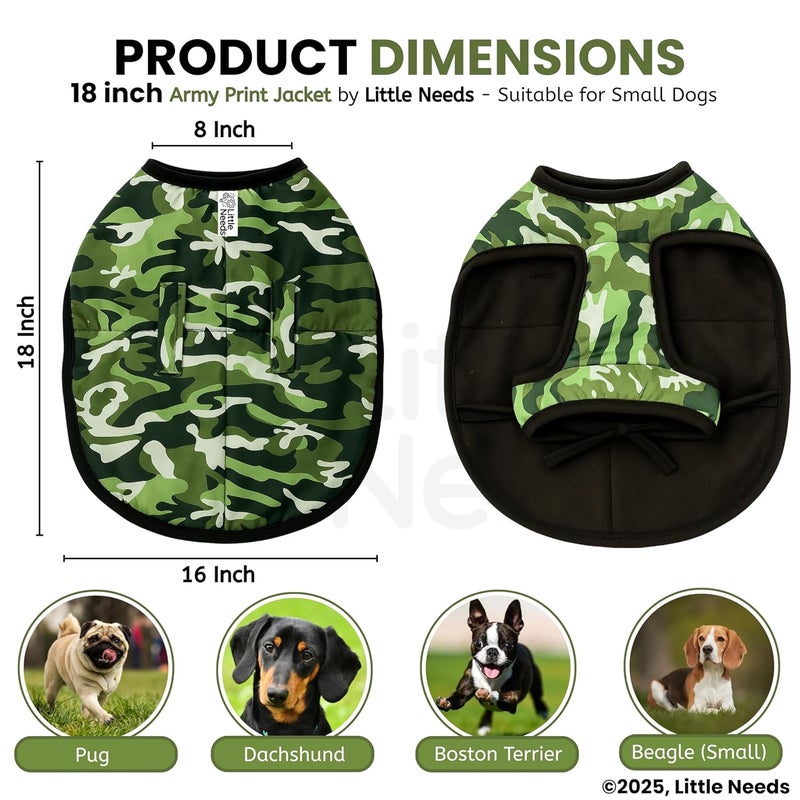 LITTLE NEEDS Dog Winter Jacket (Army Print, 18 Inch) for Small Dogs | Camouflage Design, Waterproof & Windproof Polyester Coat with Fleece, Adjustable Velcro Closure, Warm Vest for Cold Weather - Image 2