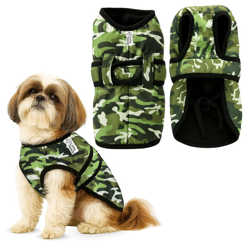 LITTLE NEEDS Dog Winter Jacket (Army Print, 18 Inch) for Small Dogs | Camouflage Design, Waterproof & Windproof Polyester Coat with Fleece, Adjustable Velcro Closure, Warm Vest for Cold Weather - Image 1