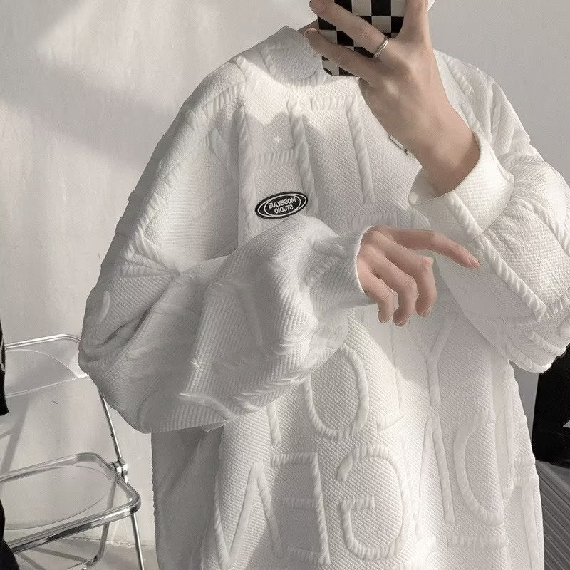 American waffle three-dimensional embossed letter sweater mens autumn New loose Hong Kong style ins fashion brand hooded coat Gray - Image 3