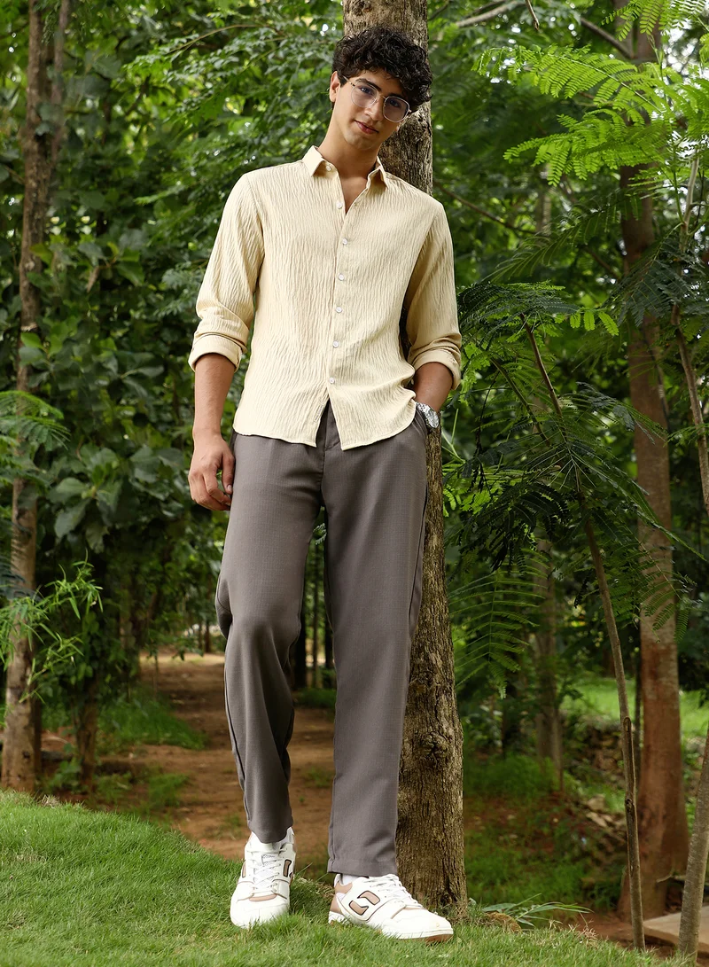 Campus Sutra Campus Sutra Men Solid Creased-Tactile Shirt | Spread Collar Long Cuffed Sleeves | Button Closure Curved Hem | Solid Creased | Woven Fabric For Casual & Daily Wear | Saltbox Beige