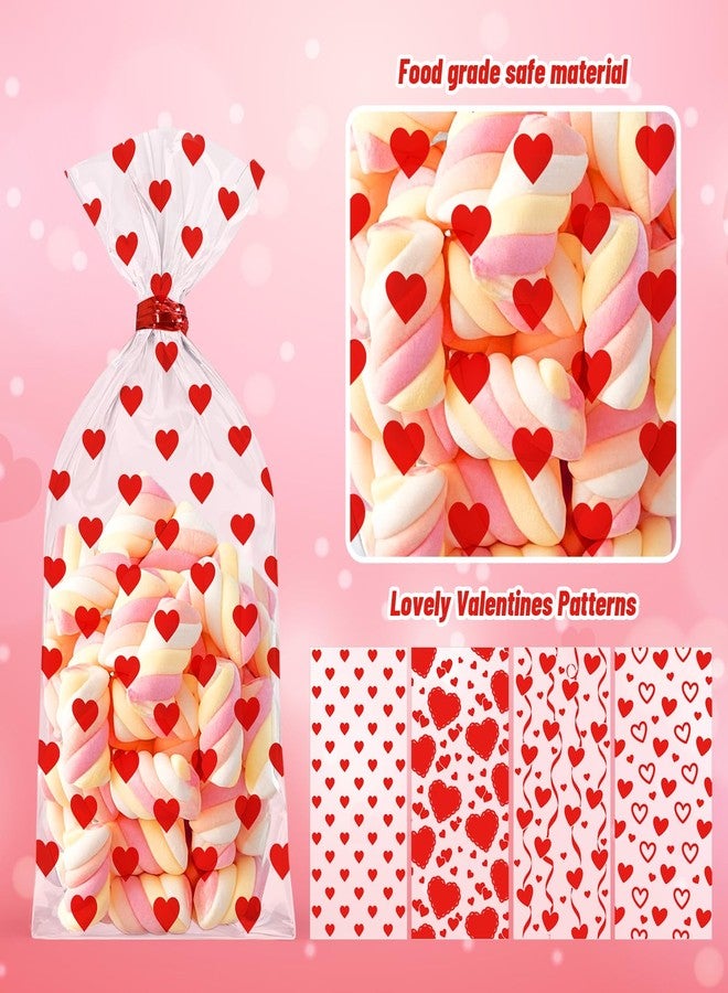 Whaline 100 Pcs Valentine's Day Heart Cellophane Treat Bags Clear Candy Goodie Bags Red Love Heart Plastic Gift Bag with Twist Ties for Wedding Anniversary Snack Cookie Party Favor - Image 3
