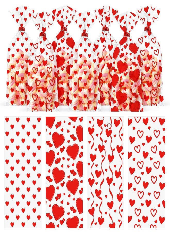 Whaline 100 Pcs Valentine's Day Heart Cellophane Treat Bags Clear Candy Goodie Bags Red Love Heart Plastic Gift Bag with Twist Ties for Wedding Anniversary Snack Cookie Party Favor - Image 1