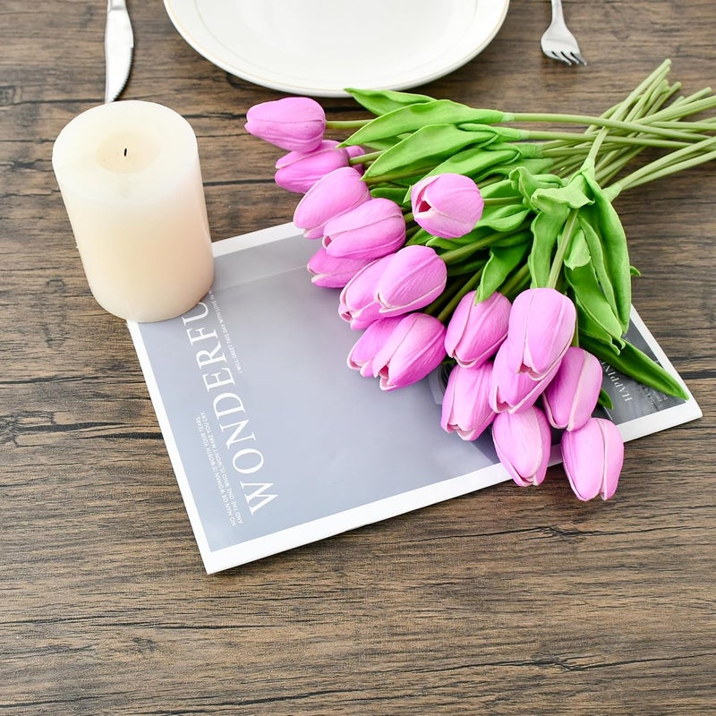 Mandy's Artificial Tulips 20 Stems Lavender PU Faux Flowers for Thanksgiving and Christmas Decorations Wedding Home Decor 13.5 Inch - Image 3