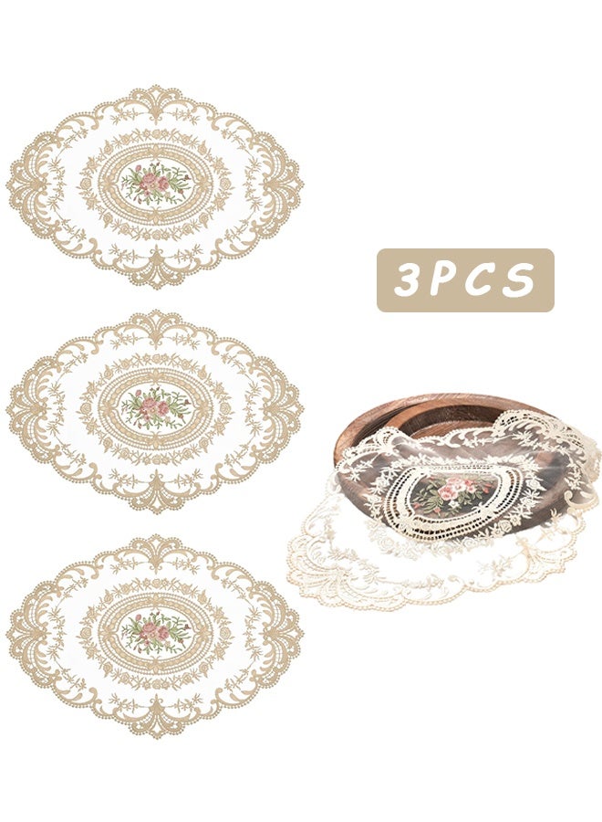 HS 3 Pcs Retro Lace Placemats, French Crochet Doilies, Handmade Embroidered Table Mats, Beige Cup Mats, Elegant Dining Accessories, 12 x15 Inch, Rustic Home Decoration, Khaki - Image 1