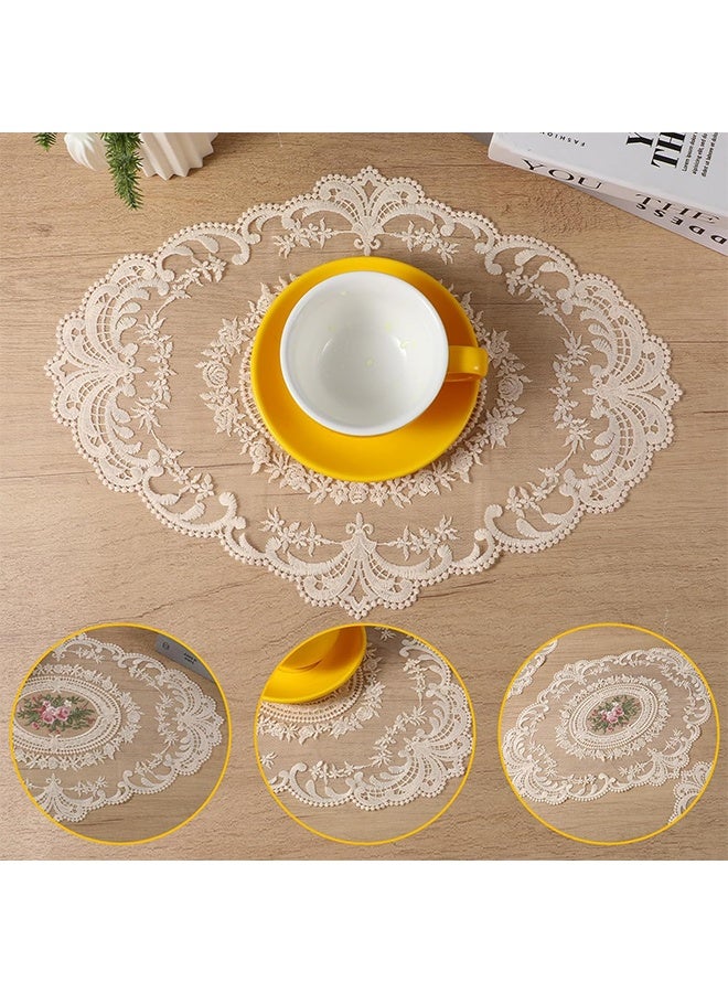 HS 3 Pcs Retro Lace Placemats, French Crochet Doilies, Handmade Embroidered Table Mats, Beige Cup Mats, Elegant Dining Accessories, 12 x15 Inch, Rustic Home Decoration, Khaki - Image 3