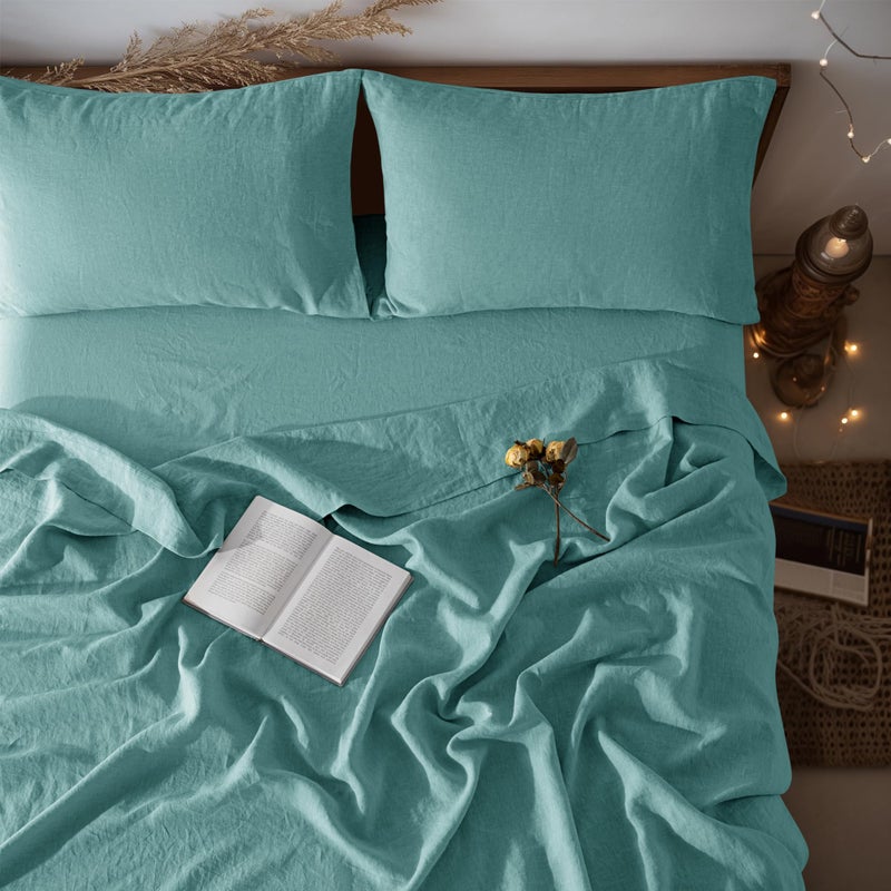 LBRO2M 100 Pure Linen Sheet Set Deep Pocket Up to 16 Bed Sheets Sets Natural Flax Beddings Soft Breathable Comfortable for All Seasons 4 Pcs Sheet Set King Size Aqua - Image 2