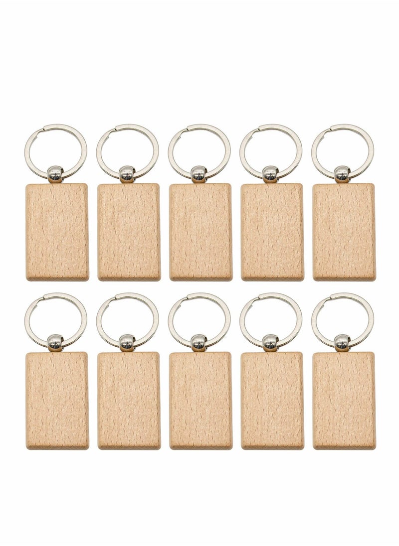 Key Chain, Blank Wood Keychain Ring Tags Personalized EDC or Best Wooden Gift Craft (Rectangle, 10 Pack)