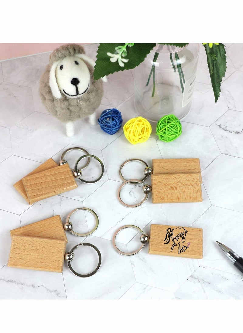 Key Chain, Blank Wood Keychain Ring Tags Personalized EDC or Best Wooden Gift Craft (Rectangle, 10 Pack)
